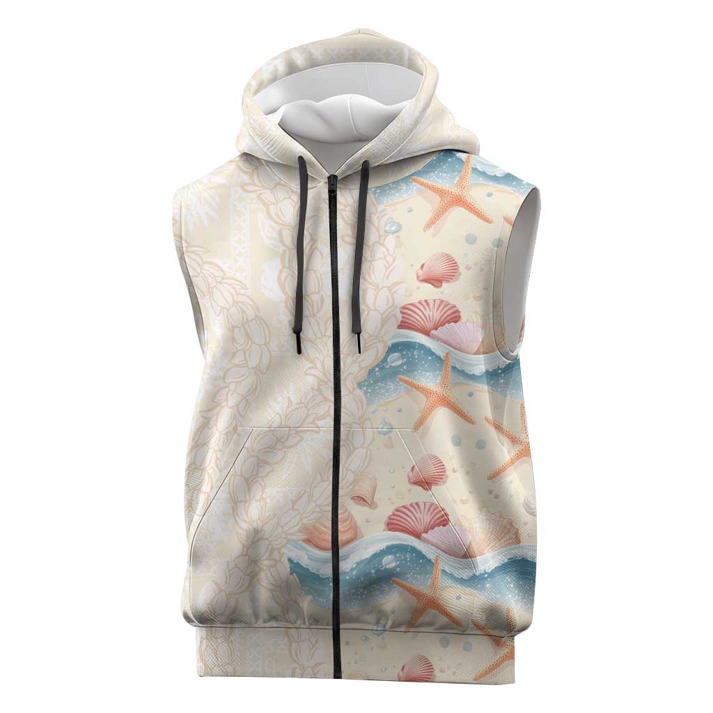 Beige Hawaii Lei Seashells Starfish Sleeveless Zip Hoodie Sandy Sylized LT01