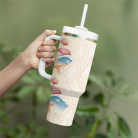 Beige Hawaii Lei Seashells Starfish Tumbler With Handle Sandy Sylized - Polynesian Pride