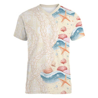 Beige Hawaii Lei Seashells Starfish Women V-Neck T-Shirt Sandy Sylized - Polynesian Pride