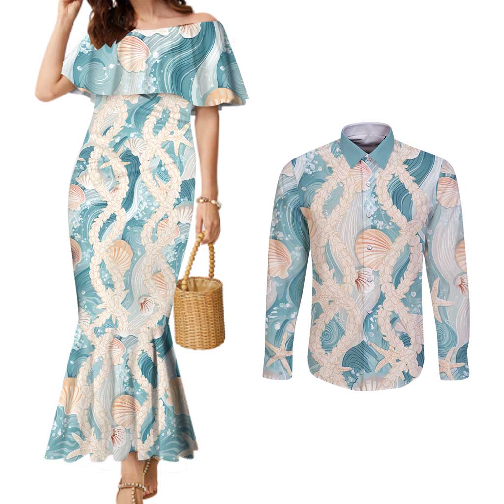 Hawaii Lei Seashells Starfish Couples Matching Mermaid Dress and Long Sleeve Button Shirt Fresh Summer Vibe - Polynesian Pride