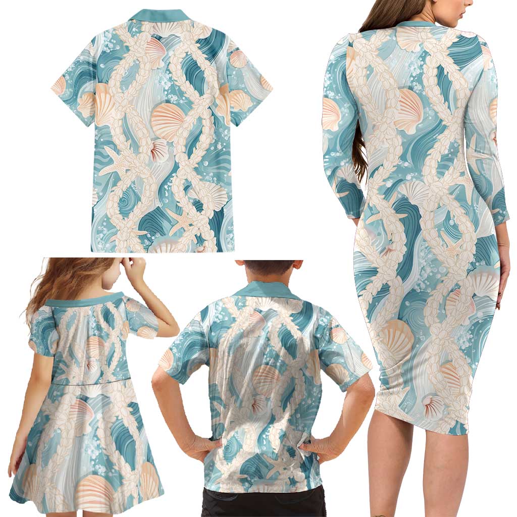 Hawaii Lei Seashells Starfish Family Matching Long Sleeve Bodycon Dress and Hawaiian Shirt Fresh Summer Vibe LT01 - Polynesian Pride