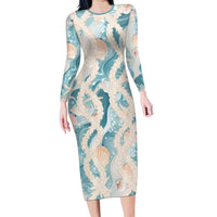 Hawaii Lei Seashells Starfish Family Matching Long Sleeve Bodycon Dress and Hawaiian Shirt Fresh Summer Vibe LT01 Mom's Dress Blue - Polynesian Pride