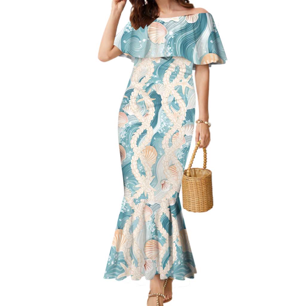 Hawaii Lei Seashells Starfish Family Matching Mermaid Dress and Hawaiian Shirt Fresh Summer Vibe LT01 Mom's Dress Blue - Polynesian Pride