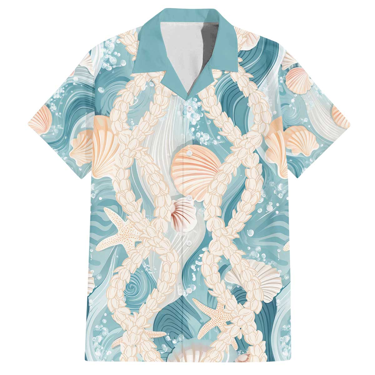 Hawaii Lei Seashells Starfish Family Matching Off The Shoulder Long Sleeve Dress and Hawaiian Shirt Fresh Summer Vibe LT01 Dad's Shirt - Short Sleeve Blue - Polynesian Pride