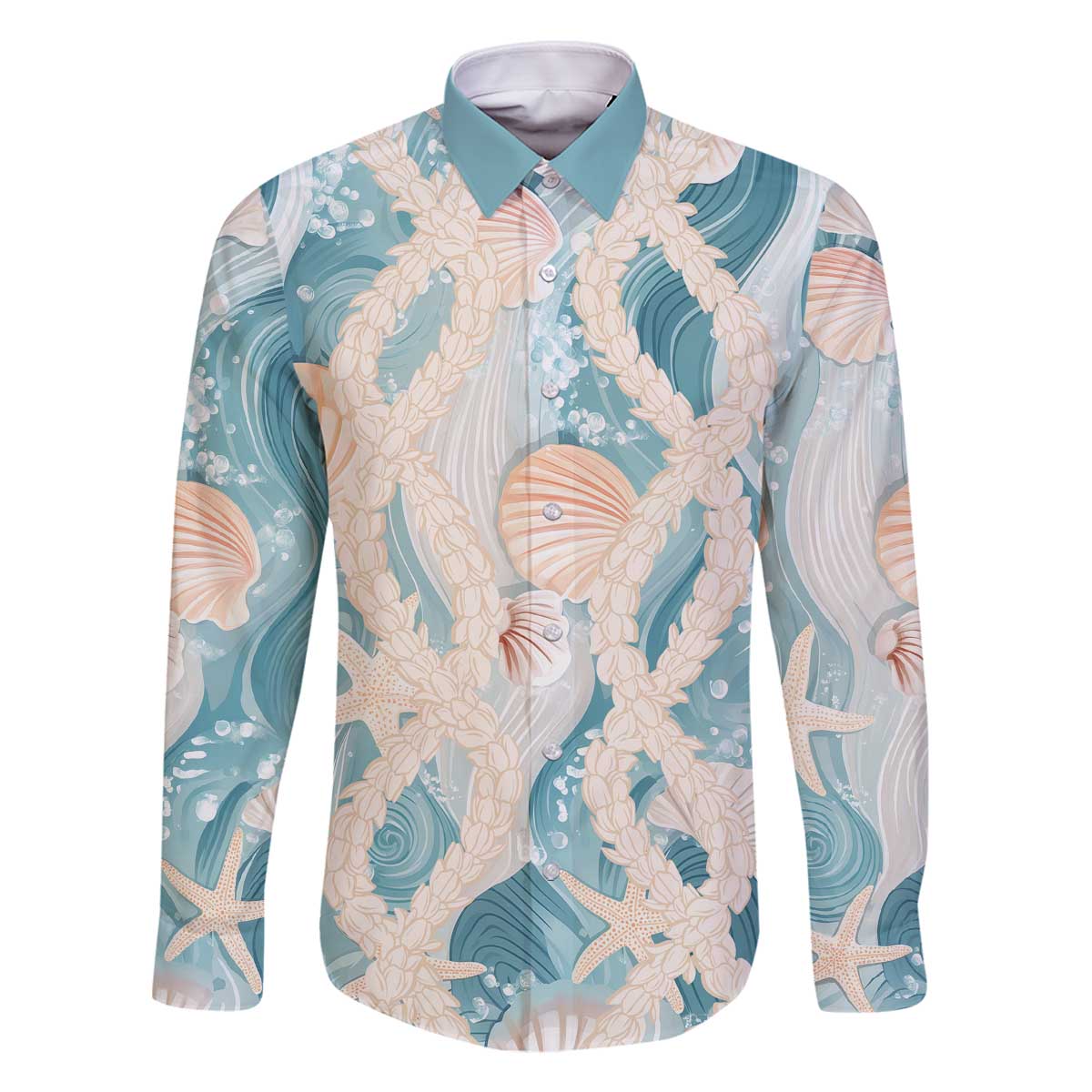 Hawaii Lei Seashells Starfish Family Matching Off The Shoulder Long Sleeve Dress and Hawaiian Shirt Fresh Summer Vibe LT01 Dad's Shirt - Long Sleeve Blue - Polynesian Pride