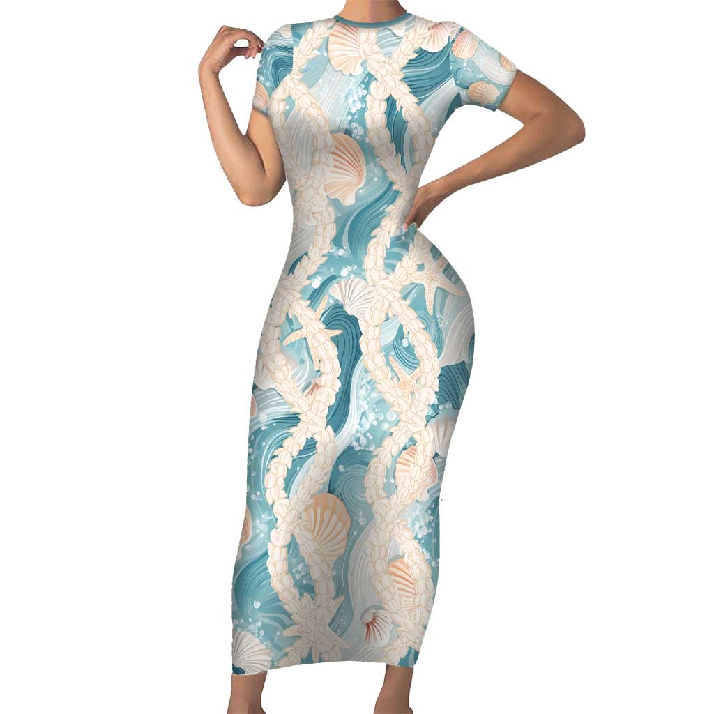 Hawaii Lei Seashells Starfish Family Matching Short Sleeve Bodycon Dress and Hawaiian Shirt Fresh Summer Vibe LT01 Mom's Dress Blue - Polynesian Pride