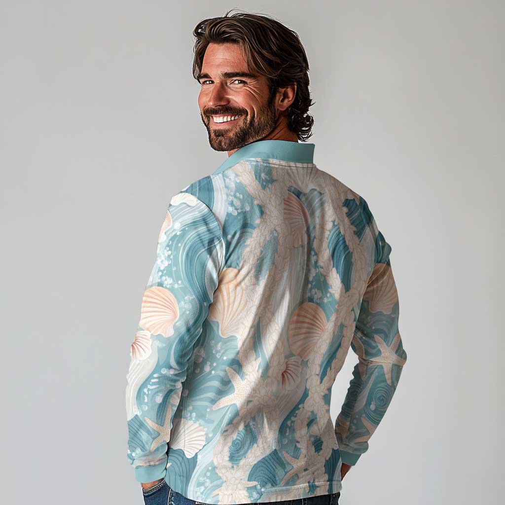 Hawaii Lei Seashells Starfish Long Sleeve Polo Shirt Fresh Summer Vibe - Polynesian Pride