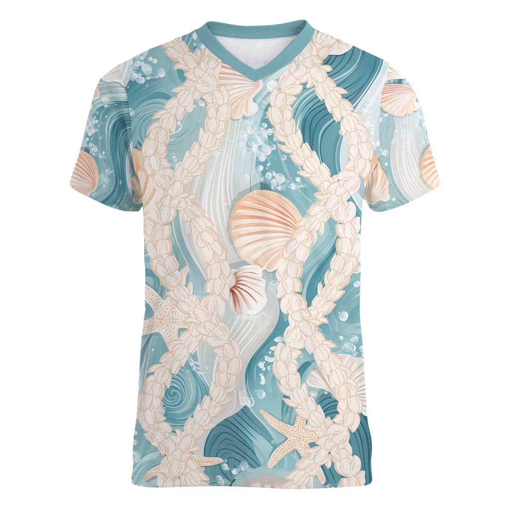 Hawaii Lei Seashells Starfish Women V-Neck T-Shirt Fresh Summer Vibe - Polynesian Pride