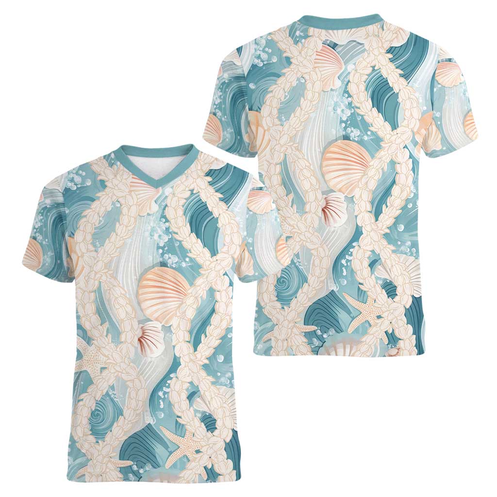 Hawaii Lei Seashells Starfish Women V-Neck T-Shirt Fresh Summer Vibe - Polynesian Pride