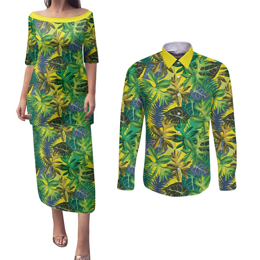 Hawaii Summer Tropical Leaves Couples Matching Puletasi and Long Sleeve Button Shirt - Polynesian Pride