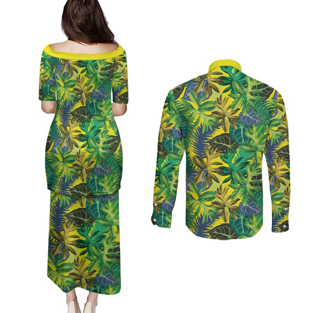 Hawaii Summer Tropical Leaves Couples Matching Puletasi and Long Sleeve Button Shirt - Polynesian Pride