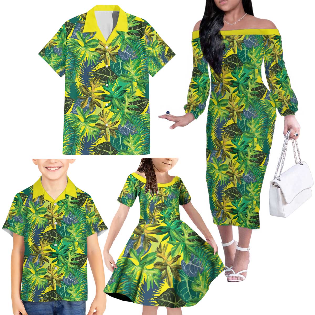 Hawaii Summer Tropical Leaves Family Matching Off The Shoulder Long Sleeve Dress and Hawaiian Shirt LT01 - Polynesian Pride