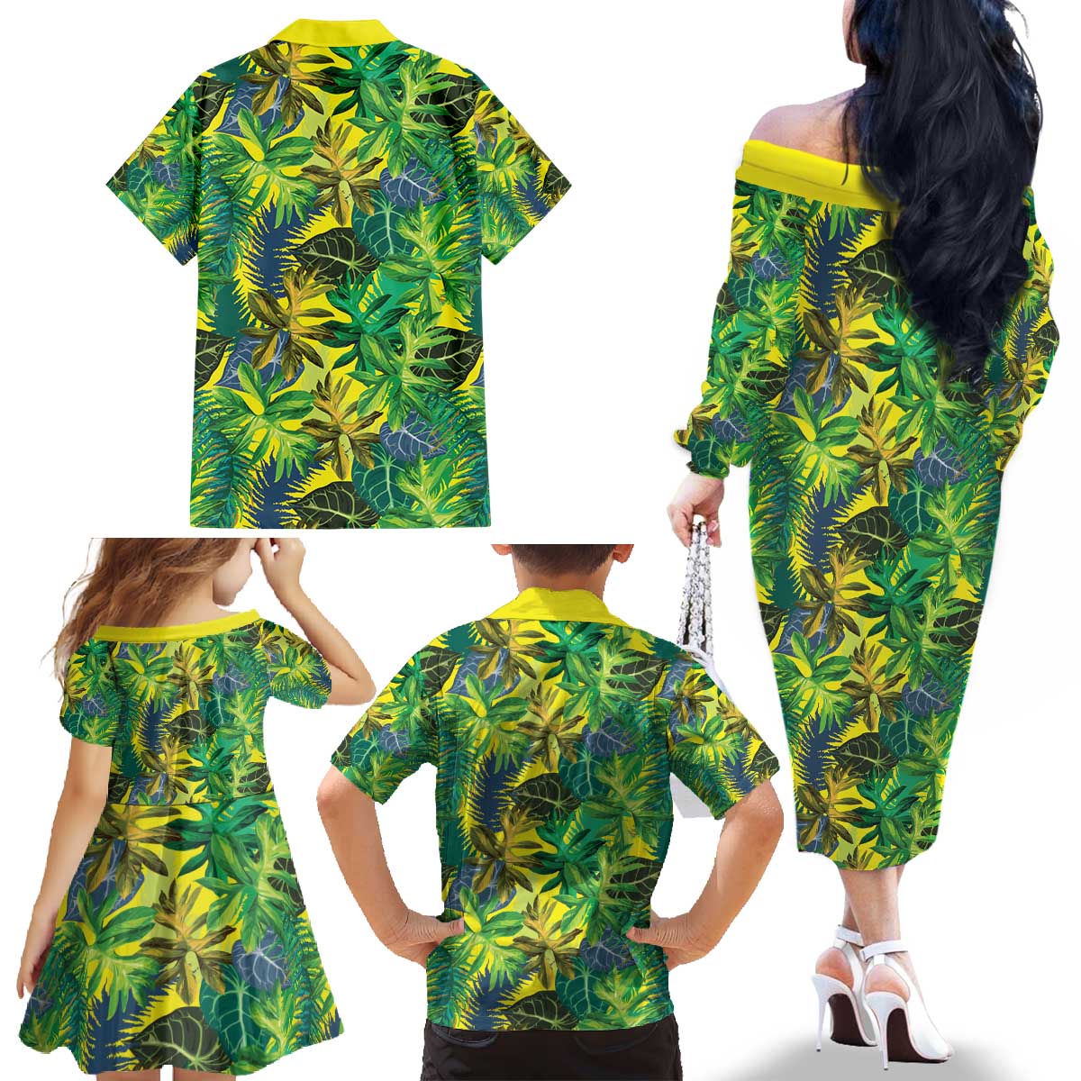 Hawaii Summer Tropical Leaves Family Matching Off The Shoulder Long Sleeve Dress and Hawaiian Shirt LT01 - Polynesian Pride