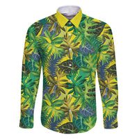 Hawaii Summer Tropical Leaves Family Matching Off The Shoulder Long Sleeve Dress and Hawaiian Shirt LT01 Dad's Shirt - Long Sleeve Yellow - Polynesian Pride