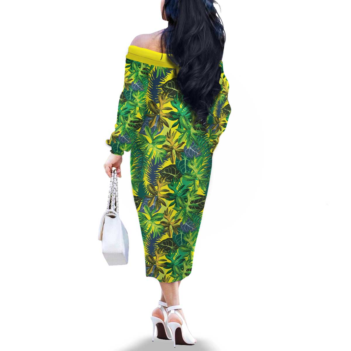 Hawaii Summer Tropical Leaves Family Matching Off The Shoulder Long Sleeve Dress and Hawaiian Shirt LT01 - Polynesian Pride