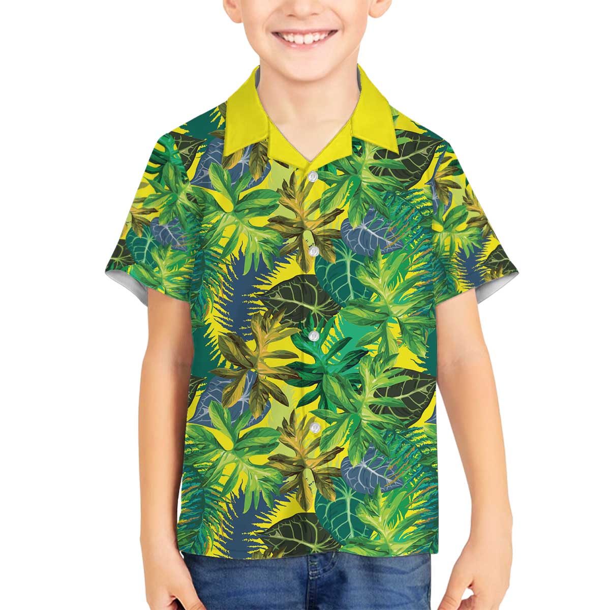 Hawaii Summer Tropical Leaves Family Matching Off The Shoulder Long Sleeve Dress and Hawaiian Shirt LT01 Son's Shirt Yellow - Polynesian Pride