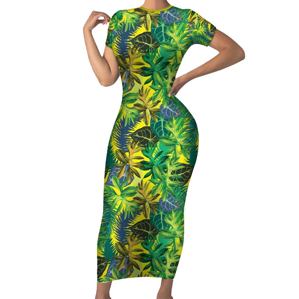 Hawaii Summer Tropical Leaves Family Matching Short Sleeve Bodycon Dress and Hawaiian Shirt LT01 Mom's Dress Yellow - Polynesian Pride