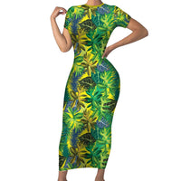 Hawaii Summer Tropical Leaves Family Matching Short Sleeve Bodycon Dress and Hawaiian Shirt LT01 Mom's Dress Yellow - Polynesian Pride
