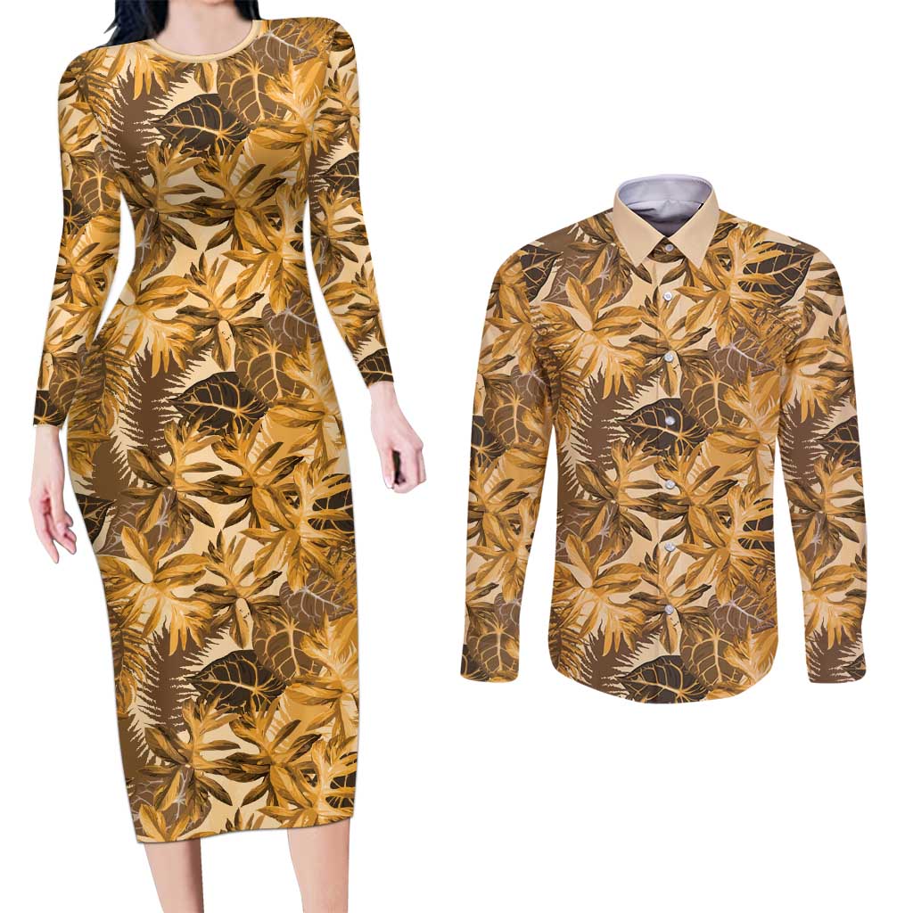 Hawaii Gold Tropical Leaves Couples Matching Long Sleeve Bodycon Dress and Long Sleeve Button Shirt LT01 Gold - Polynesian Pride