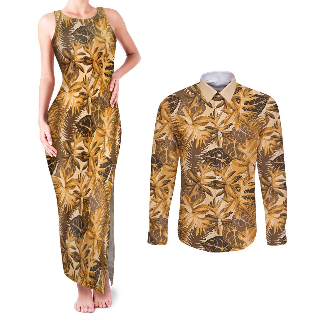Hawaii Gold Tropical Leaves Couples Matching Tank Maxi Dress and Long Sleeve Button Shirt LT01 Gold - Polynesian Pride