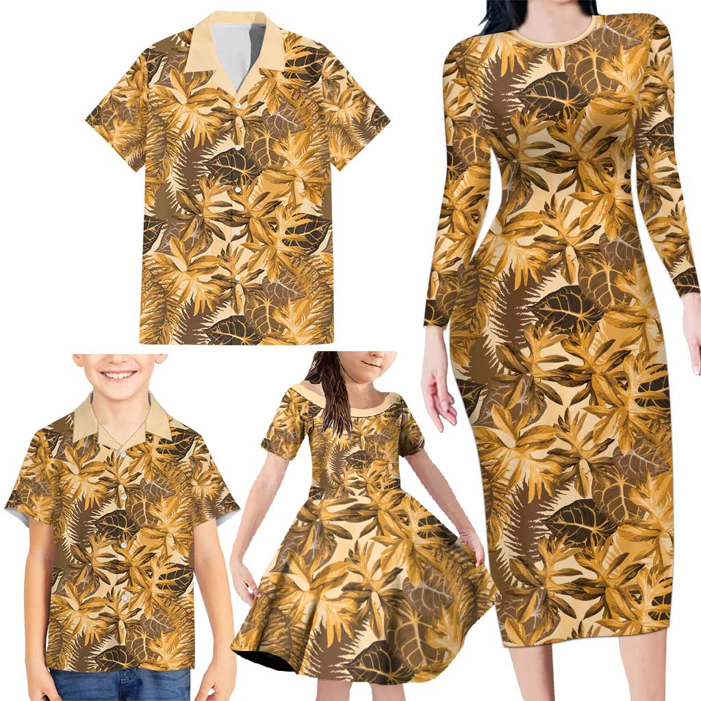 Hawaii Gold Tropical Leaves Family Matching Long Sleeve Bodycon Dress and Hawaiian Shirt LT01 - Polynesian Pride