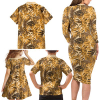 Hawaii Gold Tropical Leaves Family Matching Long Sleeve Bodycon Dress and Hawaiian Shirt LT01 - Polynesian Pride