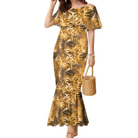Hawaii Gold Tropical Leaves Family Matching Mermaid Dress and Hawaiian Shirt LT01 Mom's Dress Gold - Polynesian Pride