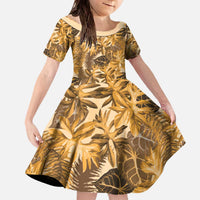 Hawaii Gold Tropical Leaves Family Matching Off The Shoulder Long Sleeve Dress and Hawaiian Shirt LT01 Daughter's Dress Gold - Polynesian Pride