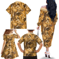 Hawaii Gold Tropical Leaves Family Matching Off The Shoulder Long Sleeve Dress and Hawaiian Shirt LT01 - Polynesian Pride