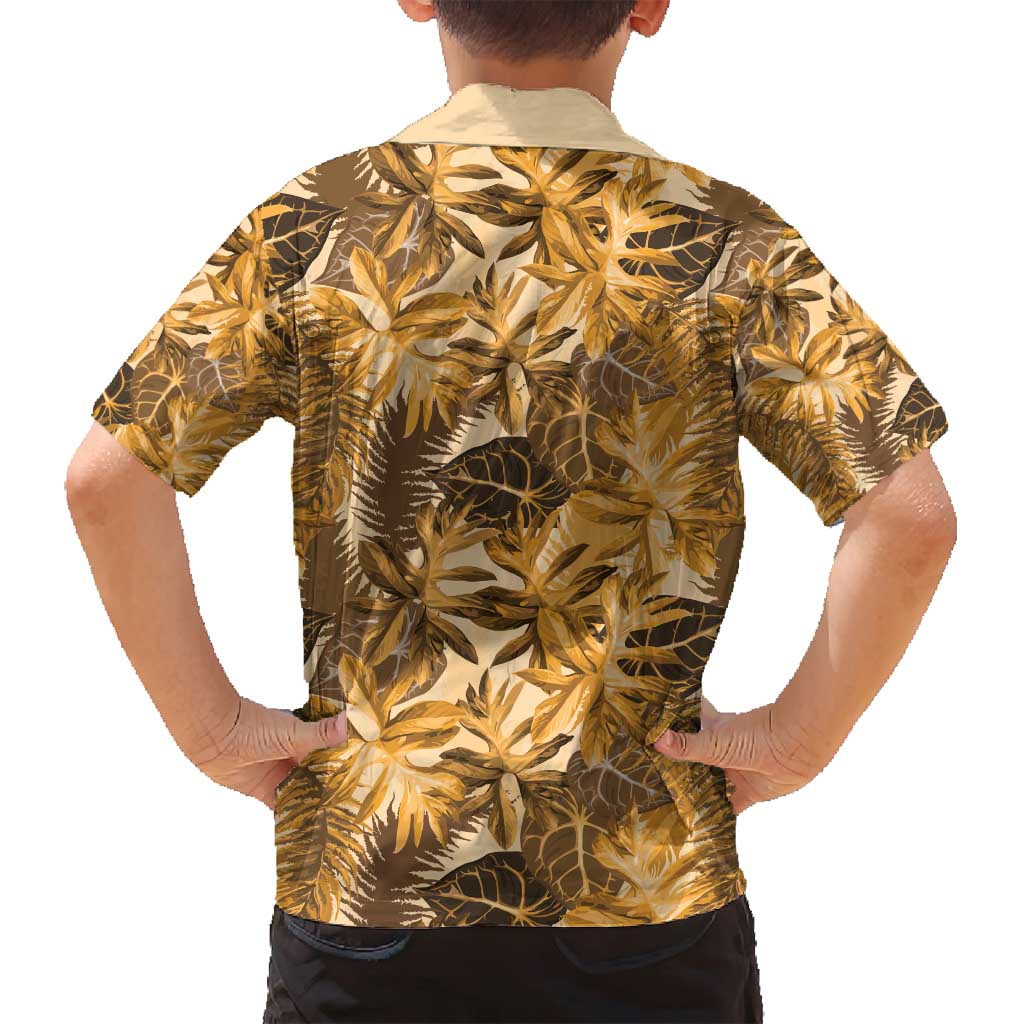 Hawaii Gold Tropical Leaves Family Matching Off Shoulder Maxi Dress and Hawaiian Shirt - Polynesian Pride