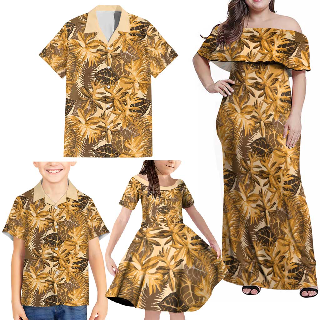 Hawaii Gold Tropical Leaves Family Matching Off Shoulder Maxi Dress and Hawaiian Shirt LT01 - Polynesian Pride