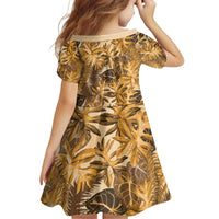 Hawaii Gold Tropical Leaves Family Matching Off Shoulder Short Dress and Hawaiian Shirt - Polynesian Pride