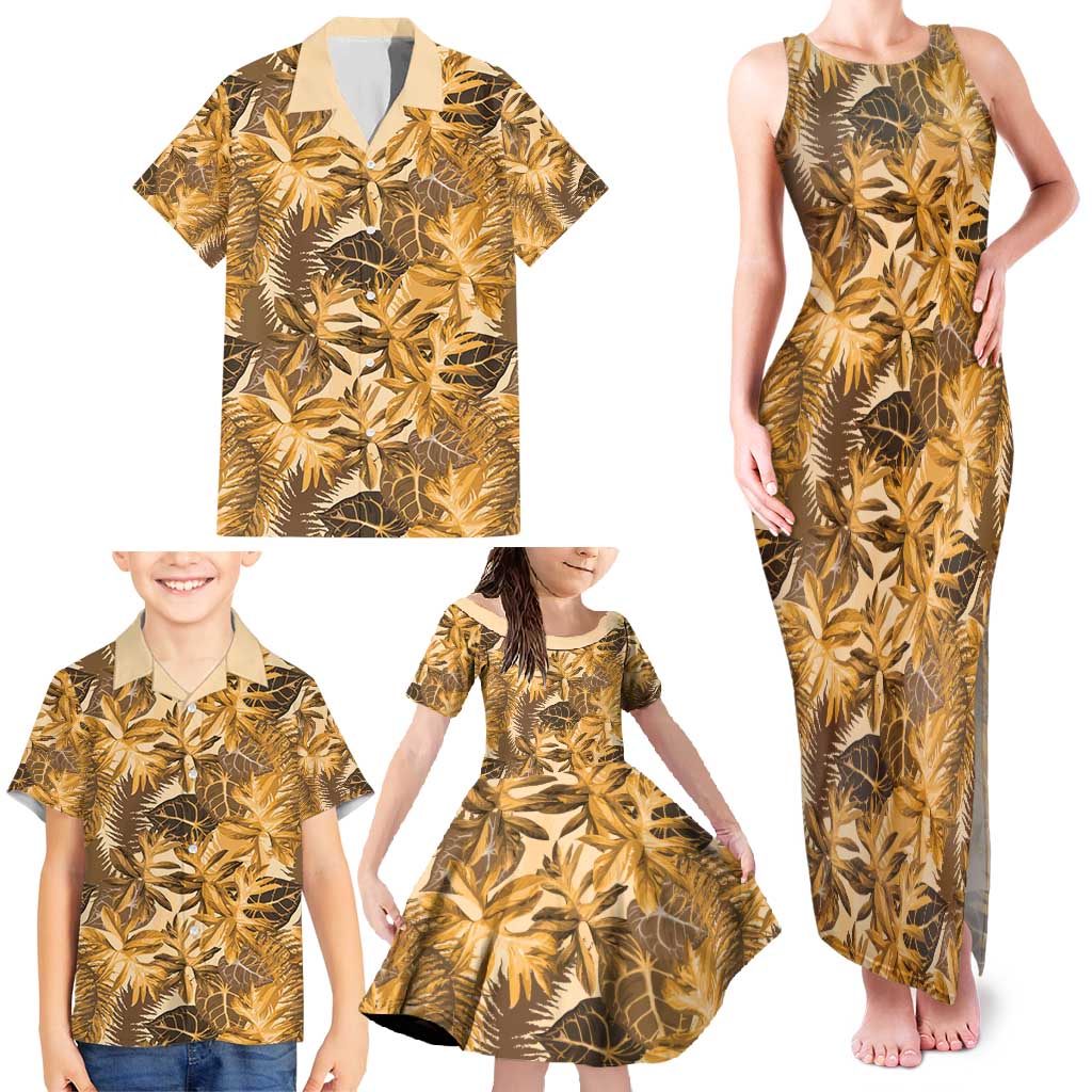 Hawaii Gold Tropical Leaves Family Matching Tank Maxi Dress and Hawaiian Shirt LT01 - Polynesian Pride