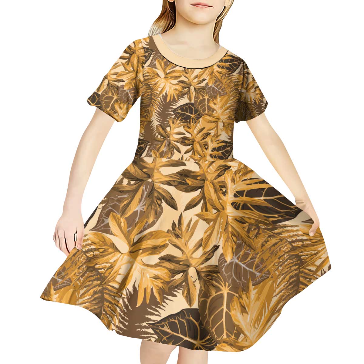 Hawaii Gold Tropical Leaves Kid Short Sleeve Dress LT01 - Polynesian Pride