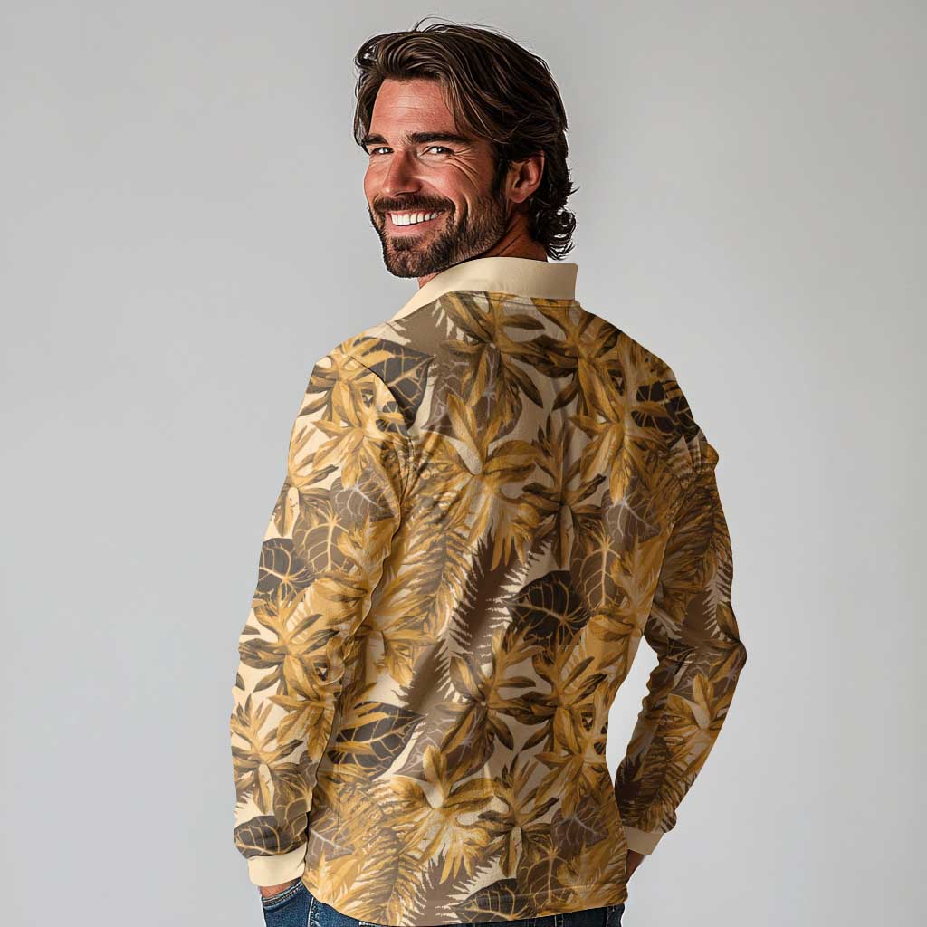 Hawaii Gold Tropical Leaves Long Sleeve Polo Shirt - Polynesian Pride