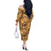Hawaii Gold Tropical Leaves Off The Shoulder Long Sleeve Dress LT01 - Polynesian Pride