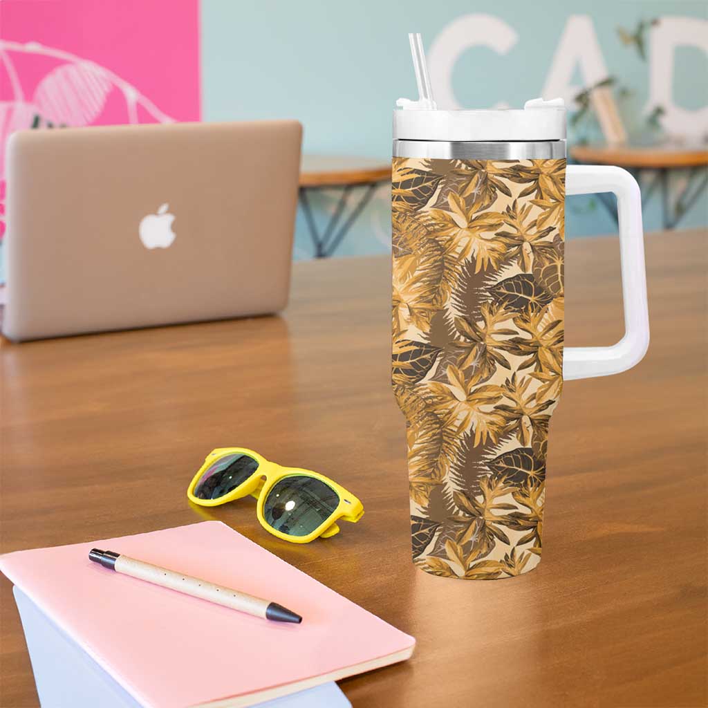 Hawaii Gold Tropical Leaves Tumbler With Handle - Polynesian Pride