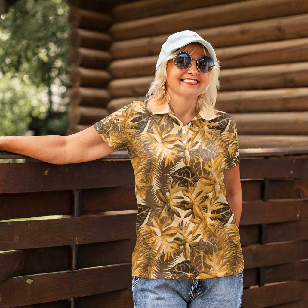 Hawaii Gold Tropical Leaves Women Polo Shirt - Polynesian Pride