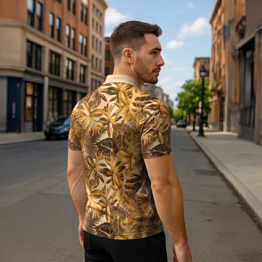 Hawaii Gold Tropical Leaves Zipper Polo Shirt - Polynesian Pride