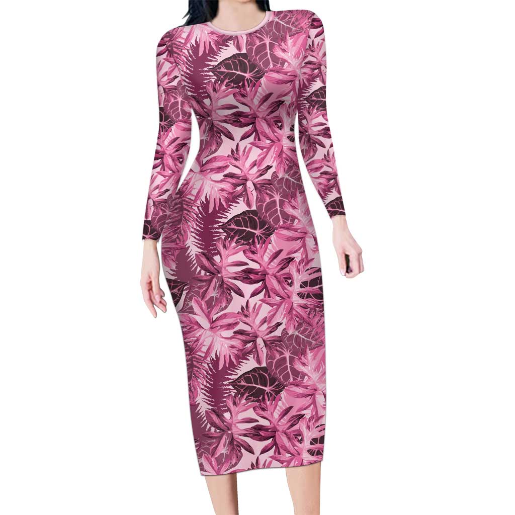 Hawaii Pink Tropical Leaves Family Matching Long Sleeve Bodycon Dress and Hawaiian Shirt LT01 Mom's Dress Pink - Polynesian Pride