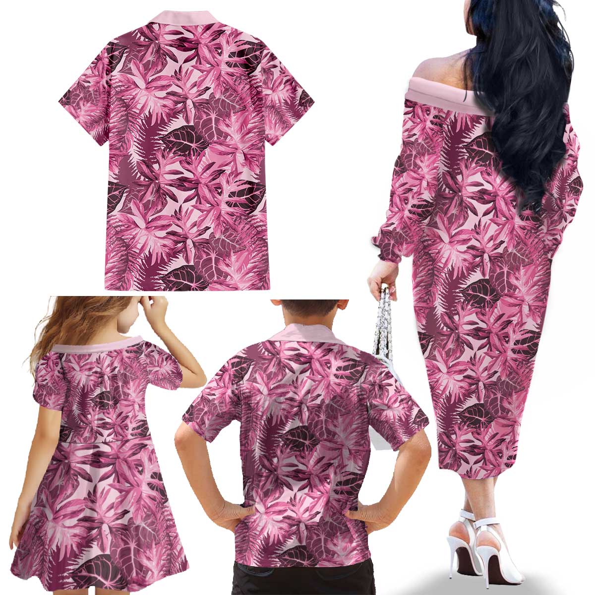 Hawaii Pink Tropical Leaves Family Matching Off The Shoulder Long Sleeve Dress and Hawaiian Shirt LT01 - Polynesian Pride