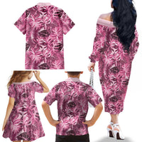Hawaii Pink Tropical Leaves Family Matching Off The Shoulder Long Sleeve Dress and Hawaiian Shirt LT01 - Polynesian Pride