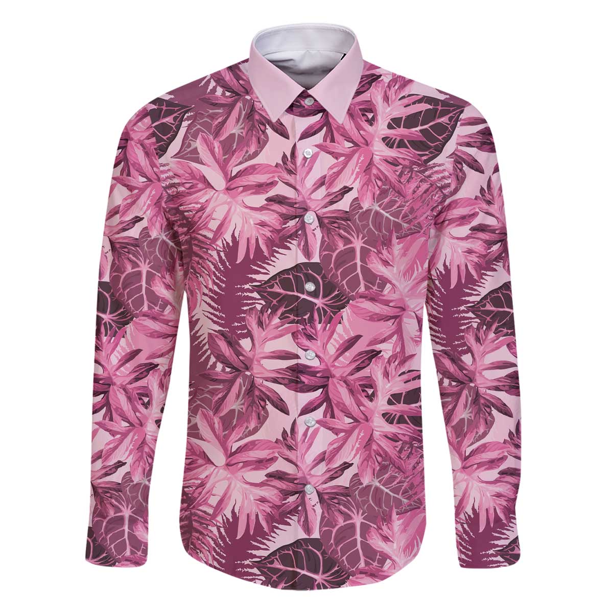 Hawaii Pink Tropical Leaves Family Matching Off The Shoulder Long Sleeve Dress and Hawaiian Shirt LT01 Dad's Shirt - Long Sleeve Pink - Polynesian Pride