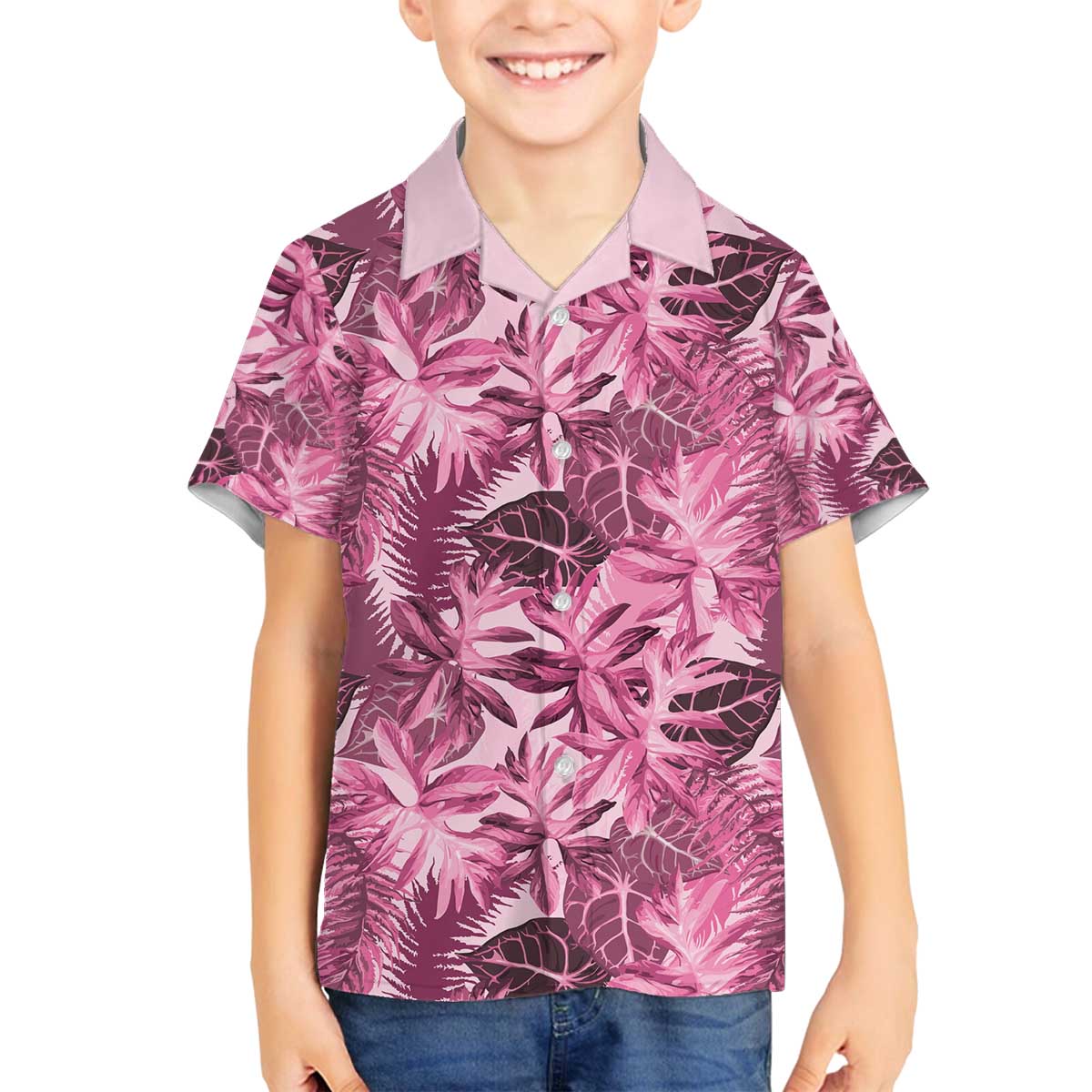 Hawaii Pink Tropical Leaves Family Matching Off The Shoulder Long Sleeve Dress and Hawaiian Shirt LT01 Son's Shirt Pink - Polynesian Pride