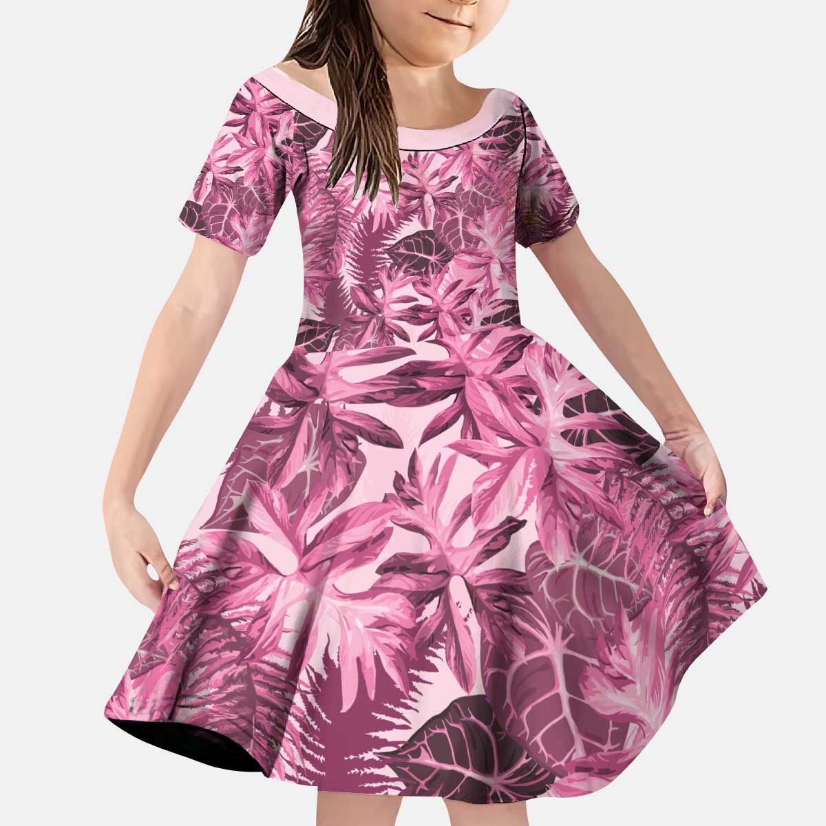 Hawaii Pink Tropical Leaves Kid Short Sleeve Dress - Polynesian Pride