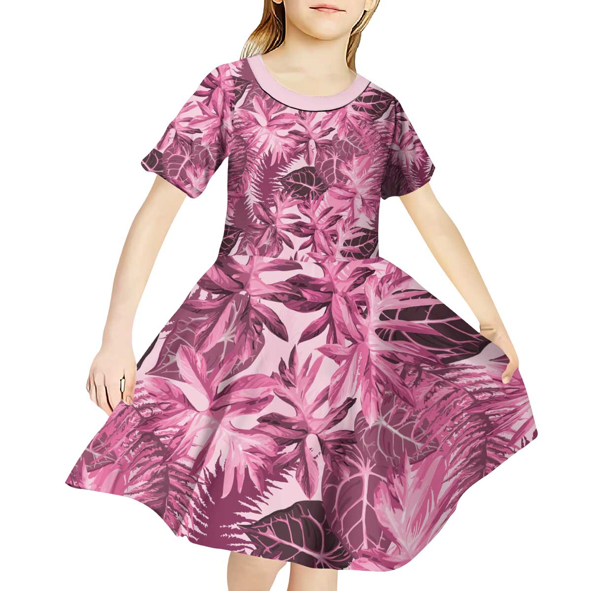 Hawaii Pink Tropical Leaves Kid Short Sleeve Dress LT01 - Polynesian Pride