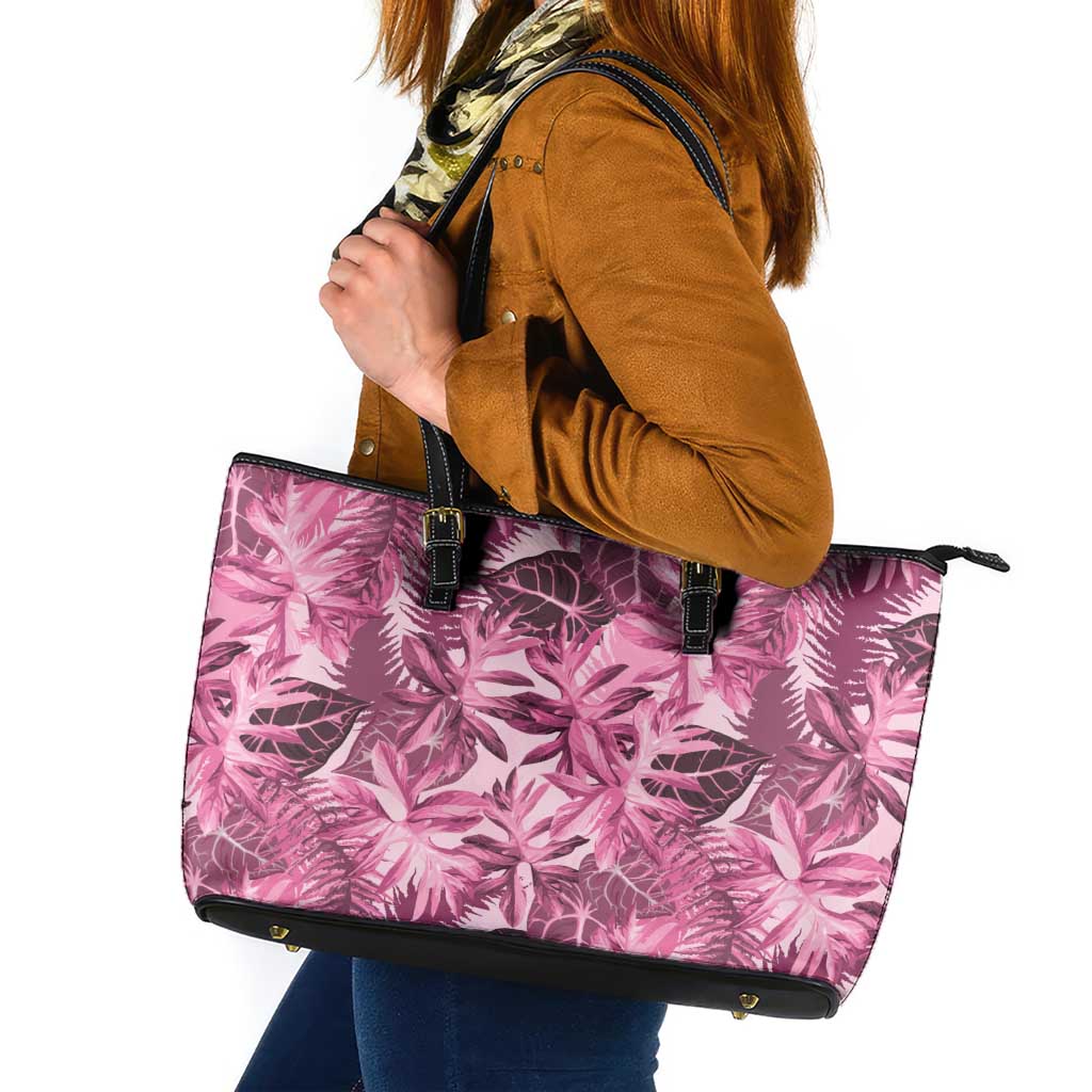Hawaii Pink Tropical Leaves Leather Tote Bag - Polynesian Pride