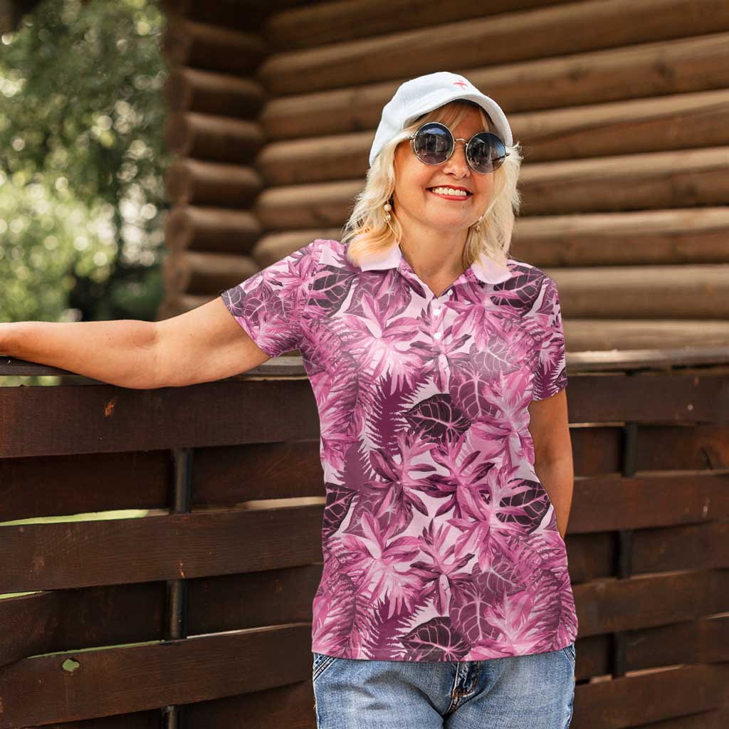 Hawaii Pink Tropical Leaves Women Polo Shirt - Polynesian Pride