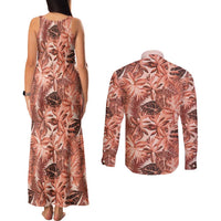 Hawaii Red Brown Tropical Leaves Couples Matching Tank Maxi Dress and Long Sleeve Button Shirt - Polynesian Pride