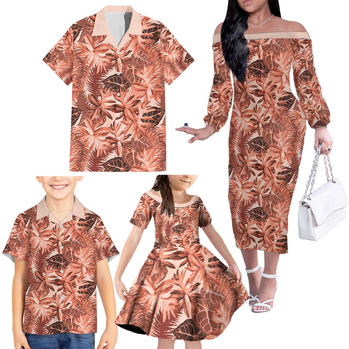 Hawaii Red Brown Tropical Leaves Family Matching Off The Shoulder Long Sleeve Dress and Hawaiian Shirt LT01 - Polynesian Pride